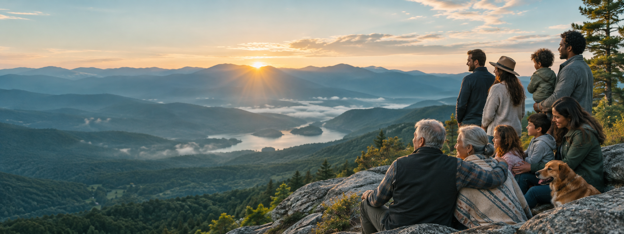A multigenerational family looking toward a warm sunrise