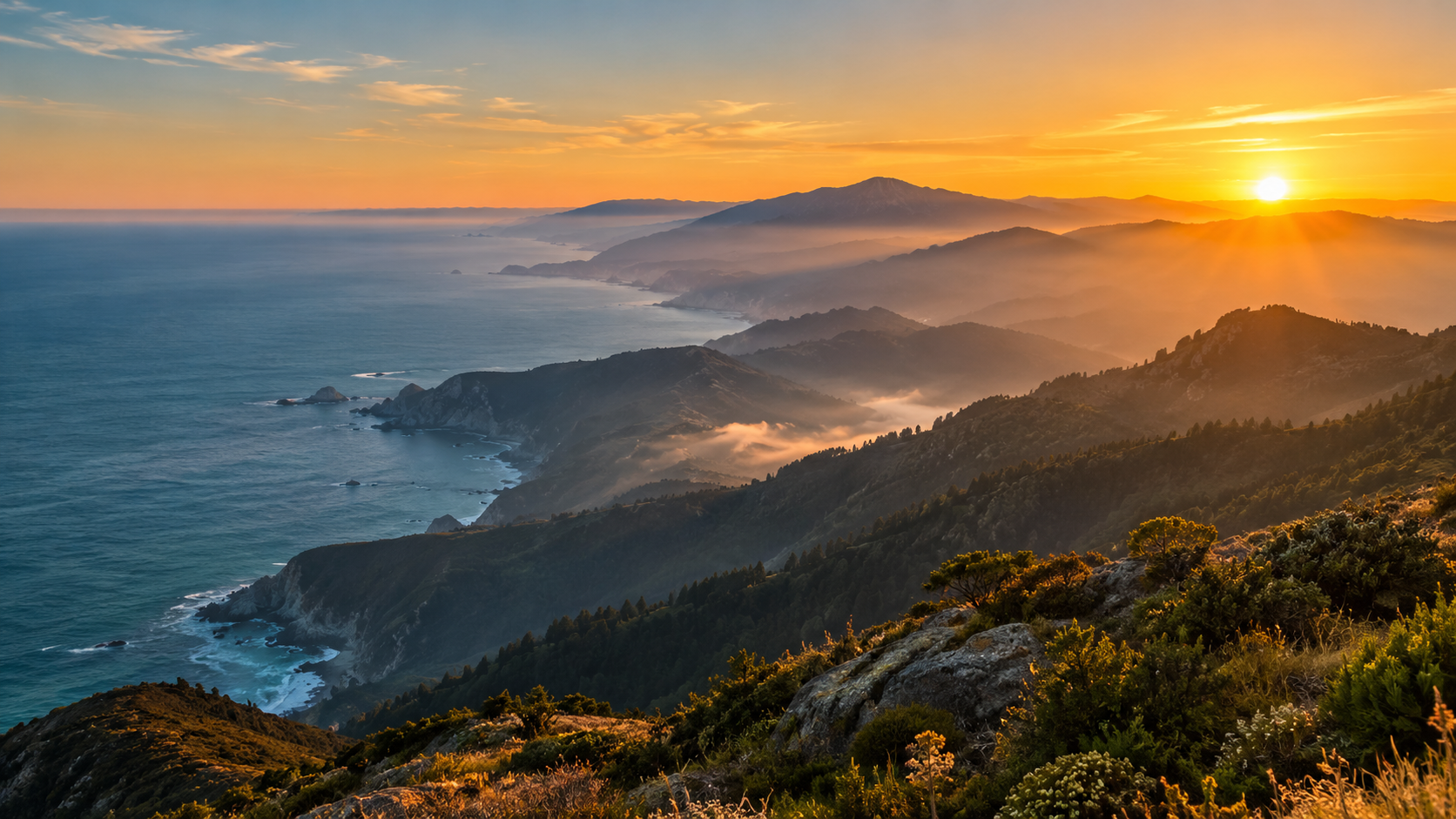 Ocean and layered mountains glowing at sunrise