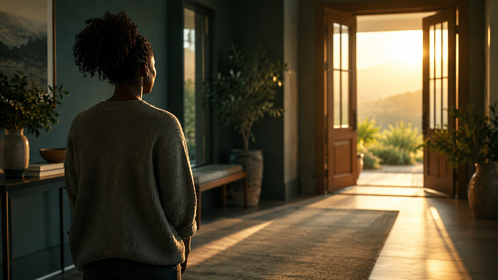Woman looking toward an open doorway filled with morning light