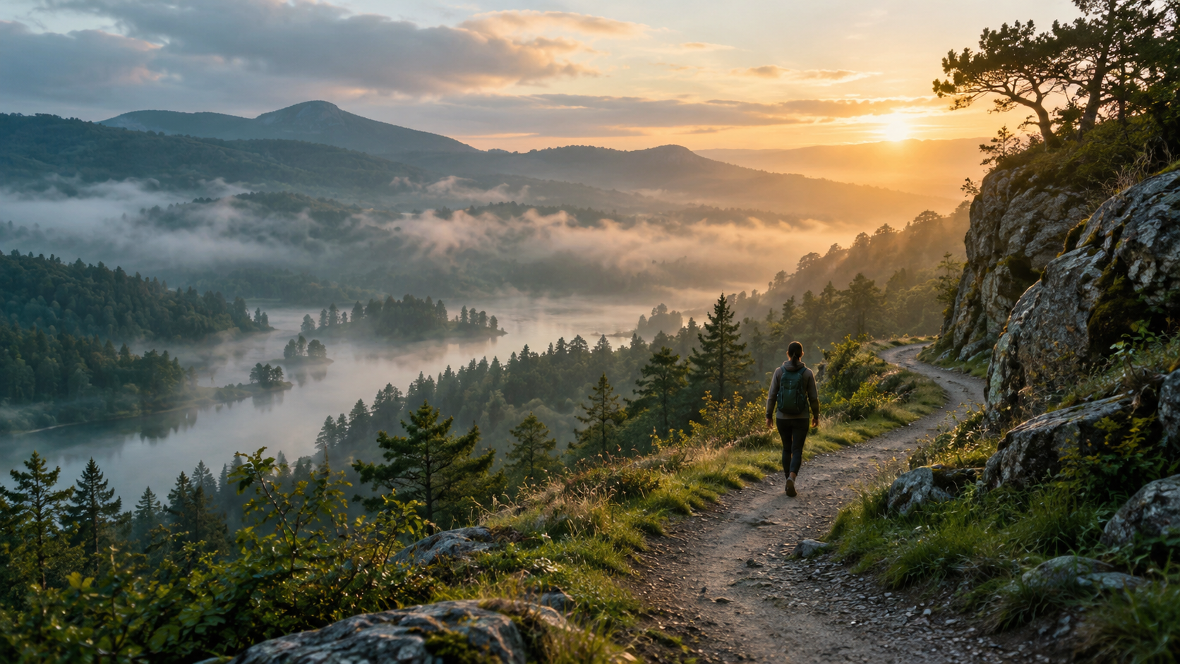 A person walking a path toward warm sunrise light