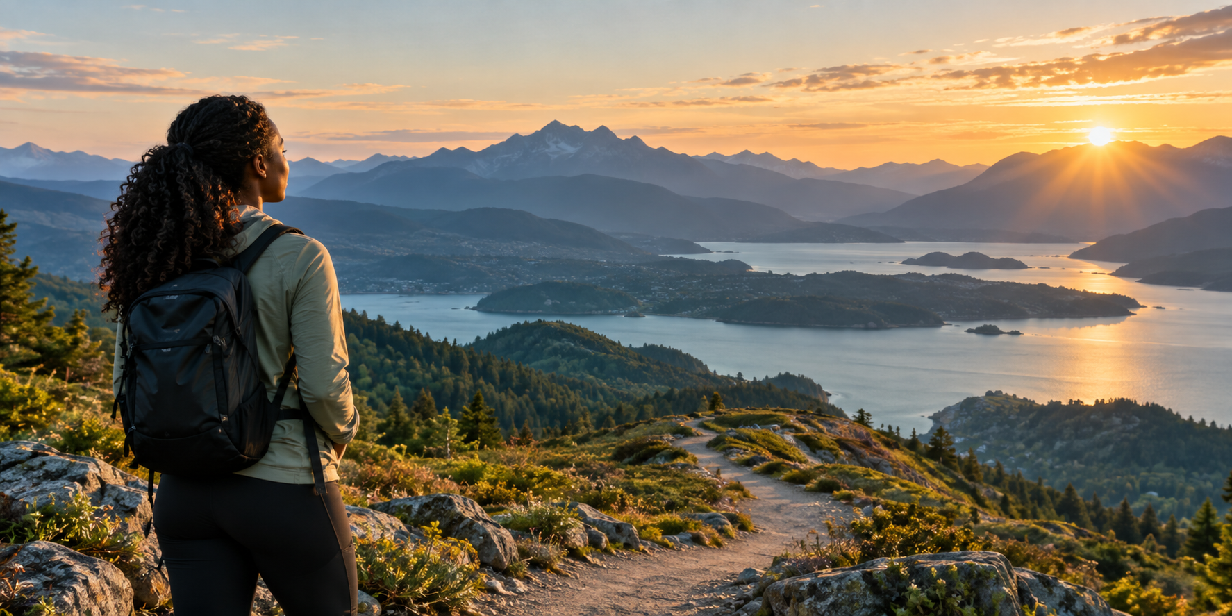 A woman looking toward an open horizon in sunrise light