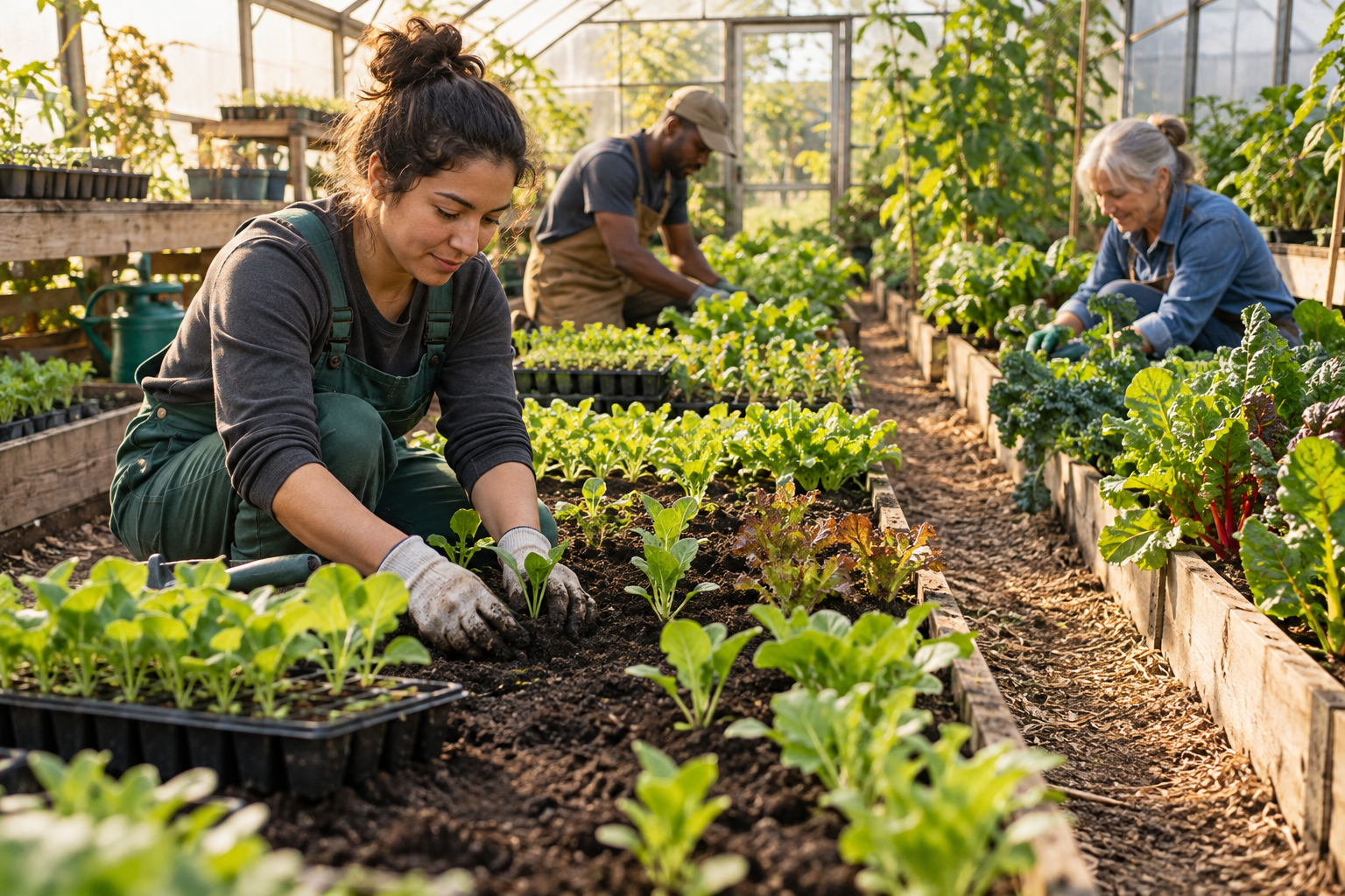 People tending many healthy plants grown from carefully nurtured seedlings