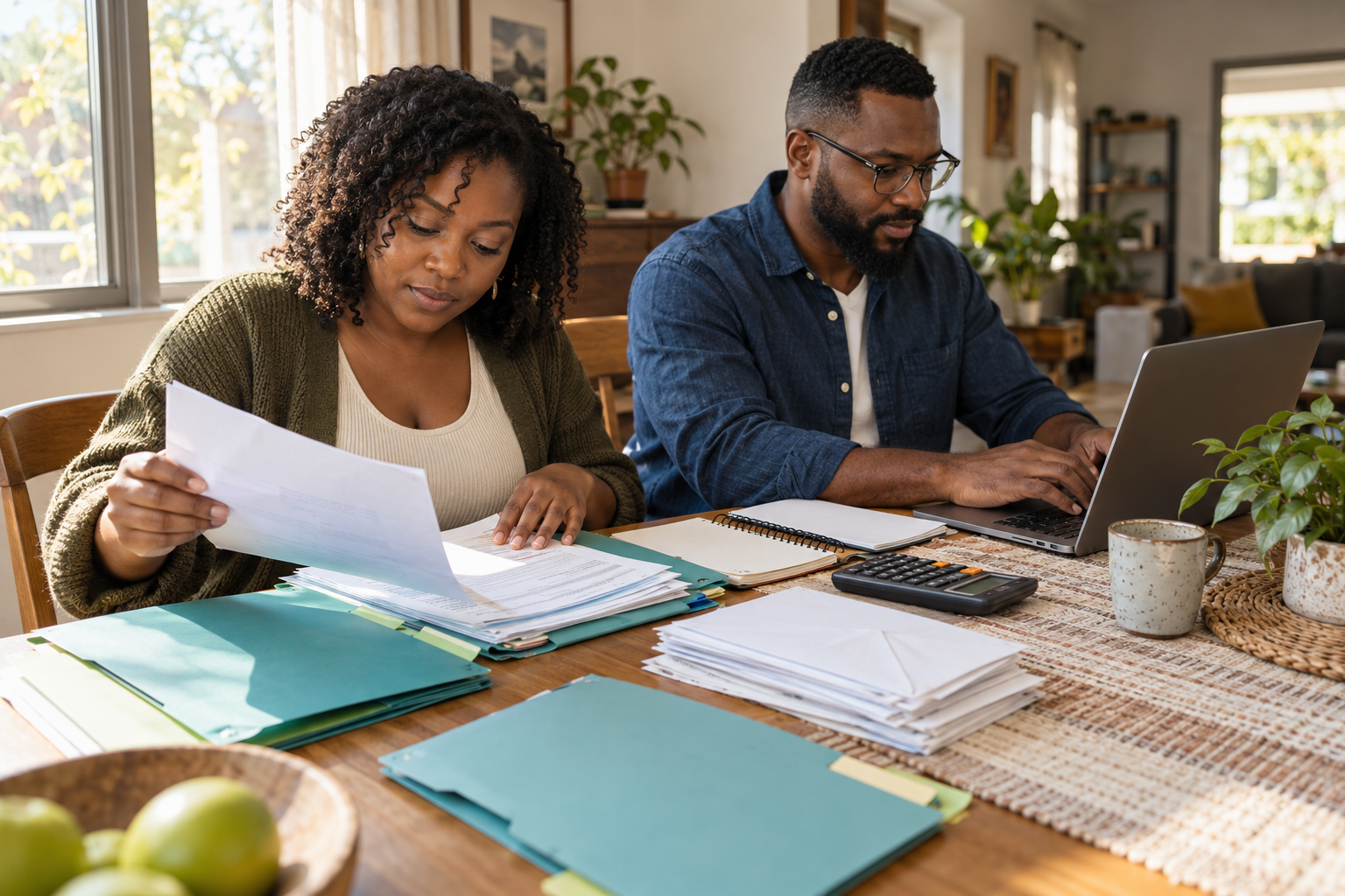 A couple organizing household paperwork and creating a steady financial plan together