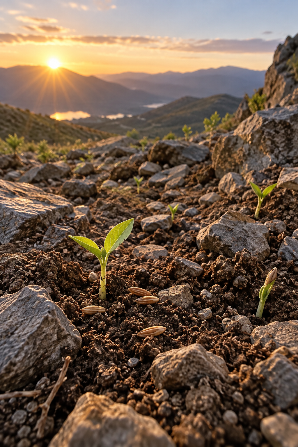 Young shoots emerging among rocky, uneven soil