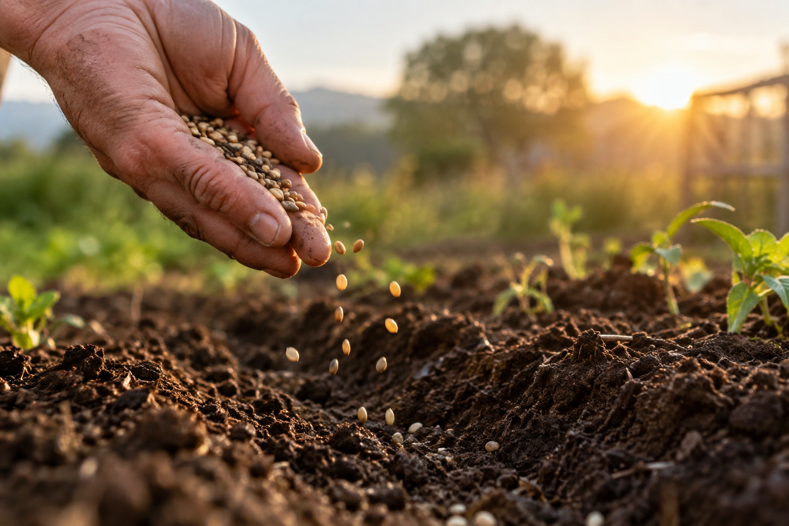 A hand scattering small seeds into rich soil